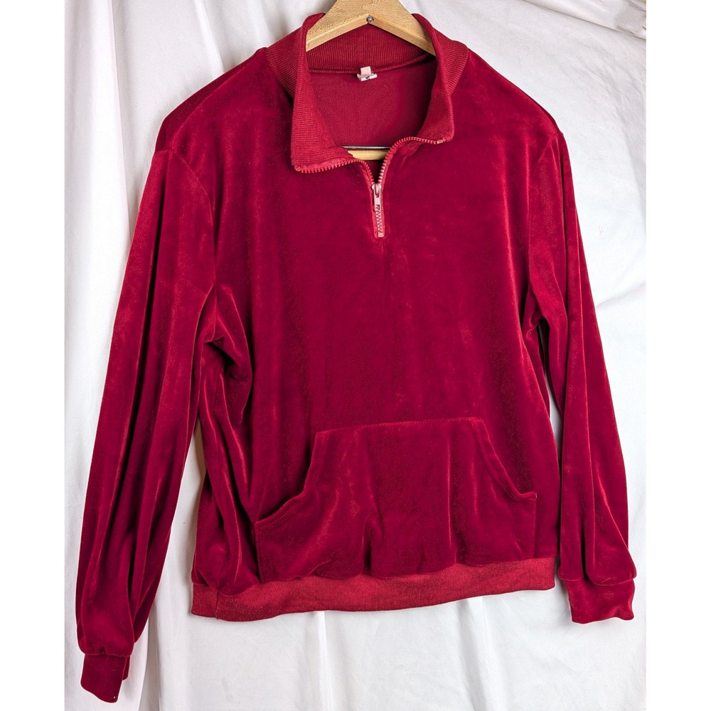 Irevial Red Velour Quarter Zip Pullover Large Velvet Kangaroo Pocket